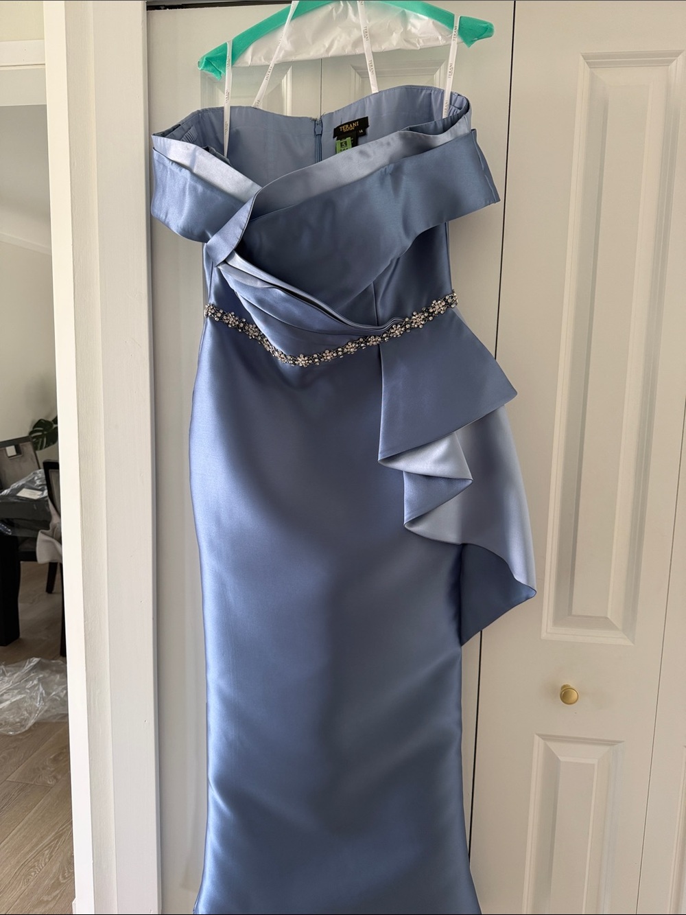 Terani Couture Off-Shoulder Powder Blue Satin Evening Dress w/ Embellished Waist